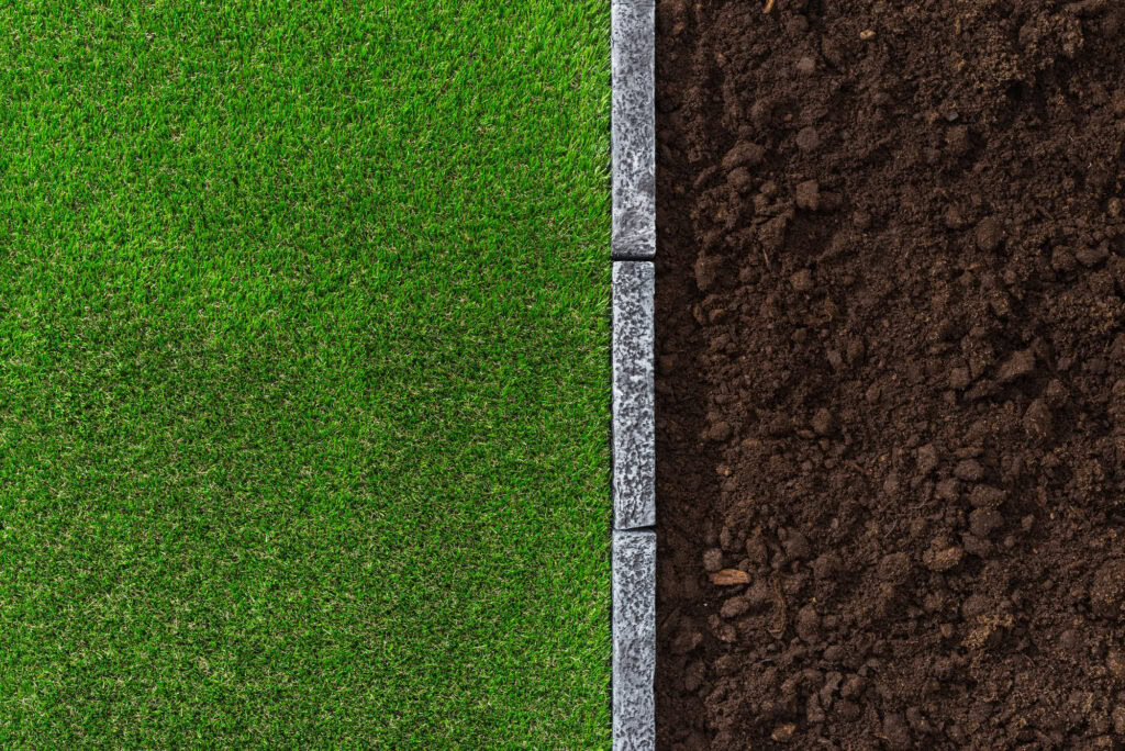 Comparison of artificial turf and natural soil for lawns and greens.