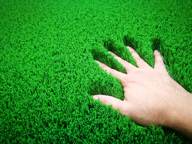 Close-up of artificial grass with hand pressing into it for a natural look.