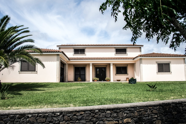 Beautiful residential lawn with artificial grass and lush landscaping.