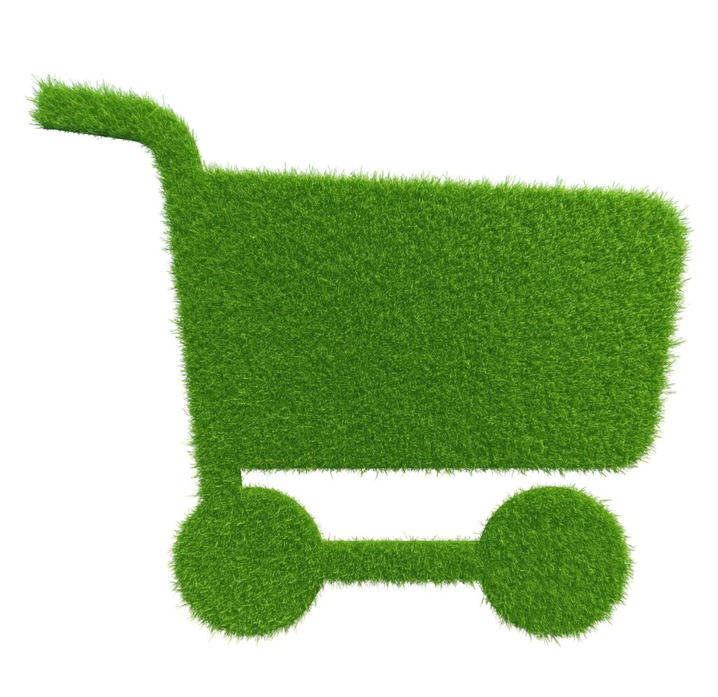 Green artificial turf shopping cart for landscaping or outdoor use.