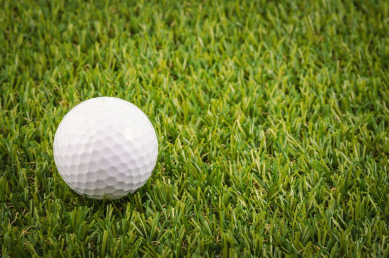 Golf ball on lush green putting green for practice and leisure.