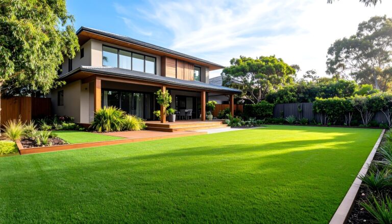 Beautiful backyard with artificial turf and modern house in Arizona.