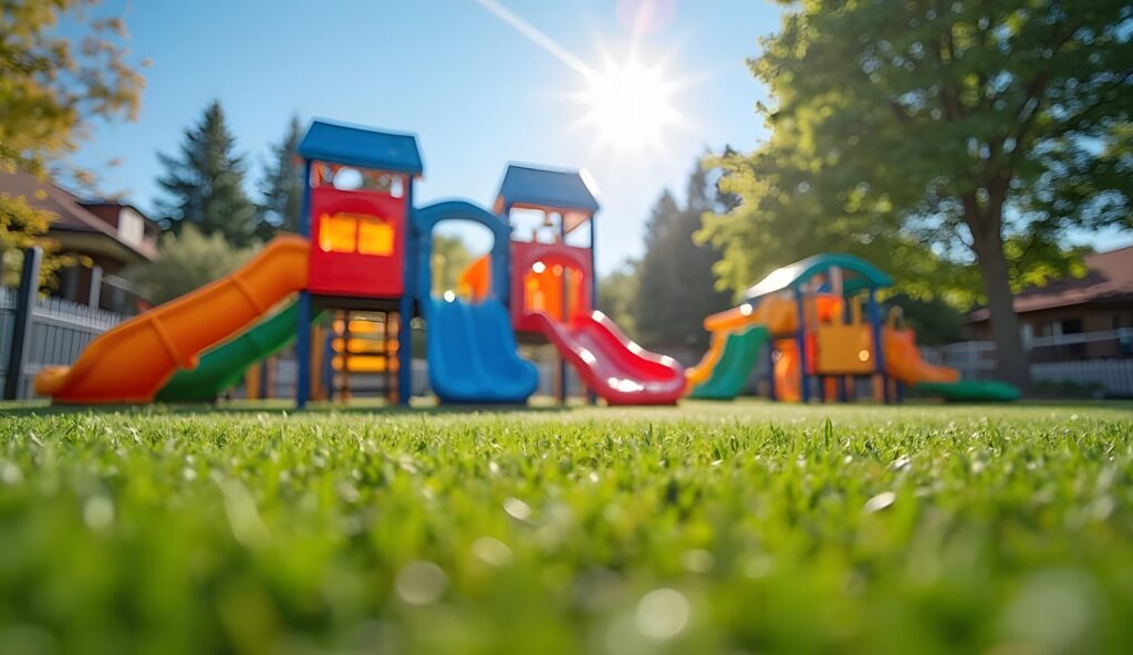 Vibrant playground with slides and climbing structures in a sunny park setting.