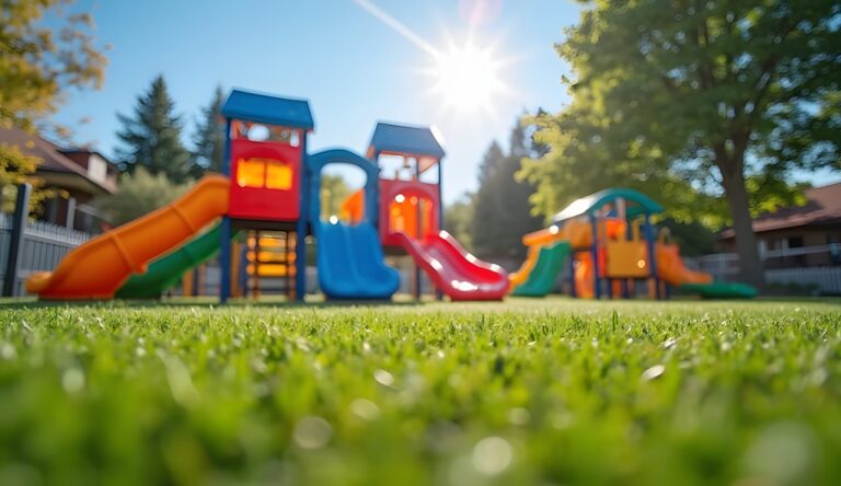 Vibrant playground with slides and climbing structures in a sunny park setting.