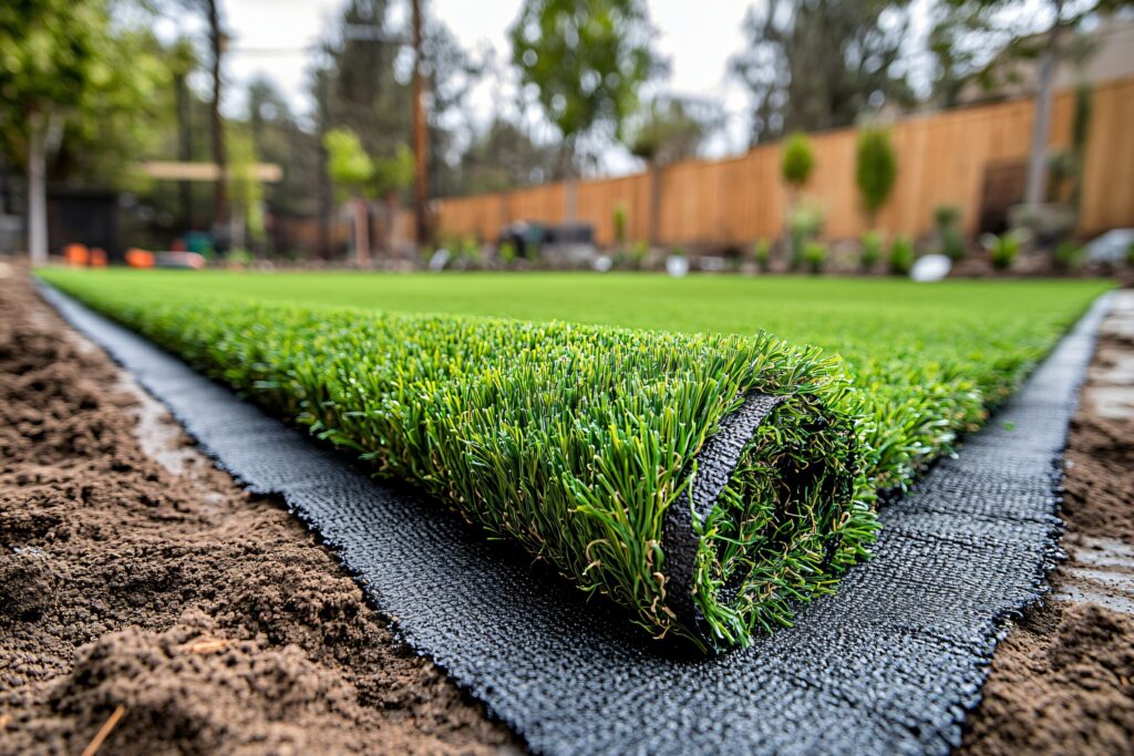Close-up of synthetic turf being installed in a backyard lawn.
