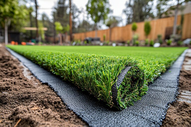 Close-up of synthetic turf being installed in a backyard lawn.