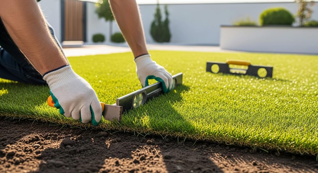 Installing artificial turf for a luxury lawn and putting green in Arizona.
