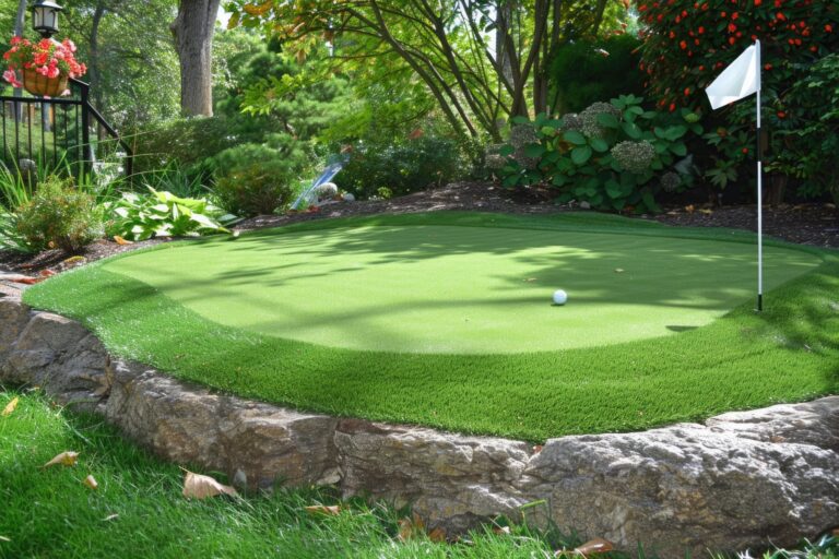 Beautiful outdoor putting green with lush landscaping and a white flag.