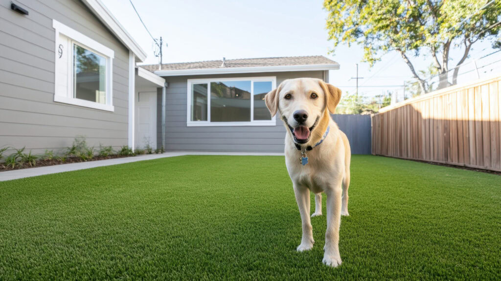 Dog on lush green pet turf in backyard with house and trees.