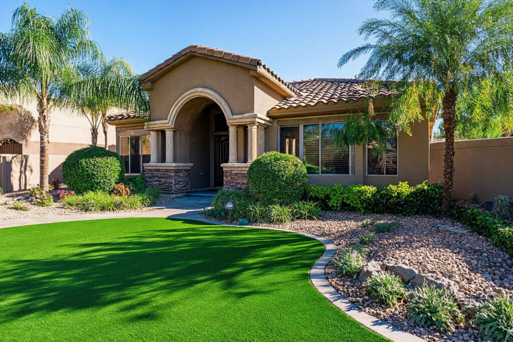 Beautiful artificial turf lawn with desert landscaping in Arizona.