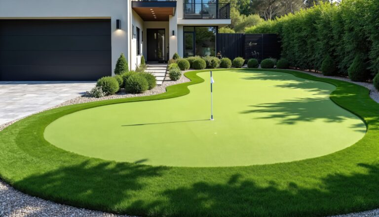 Lush artificial grass putting green in modern backyard with flagstick and surrounding landscaping.