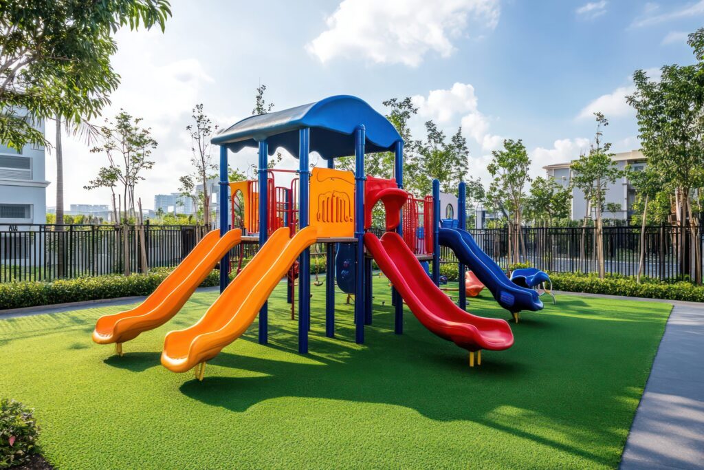 Children's playground with multiple slides and climbing structures in a sunny park.