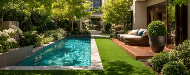 Beautiful backyard with synthetic grass, pool, and outdoor seating area.