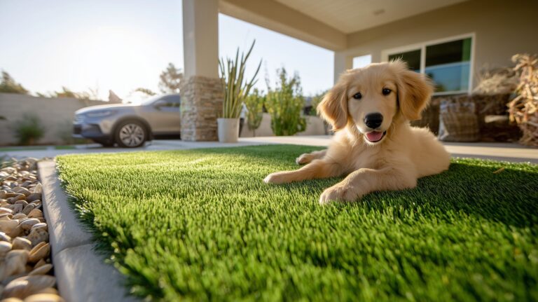 Golden retriever puppy lying on artificial grass in Arizona backyard.
