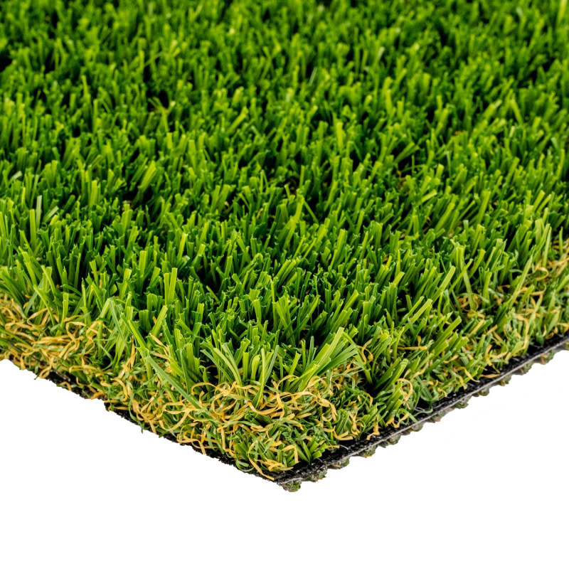 Close-up of lush green artificial turf for luxury lawns and putting greens.