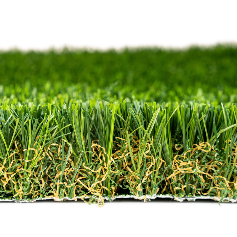 Close-up of lush green artificial turf for luxury lawns and putting greens.