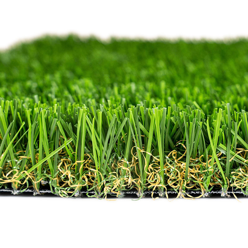 Close-up of lush green artificial turf for luxury lawns and putting greens.