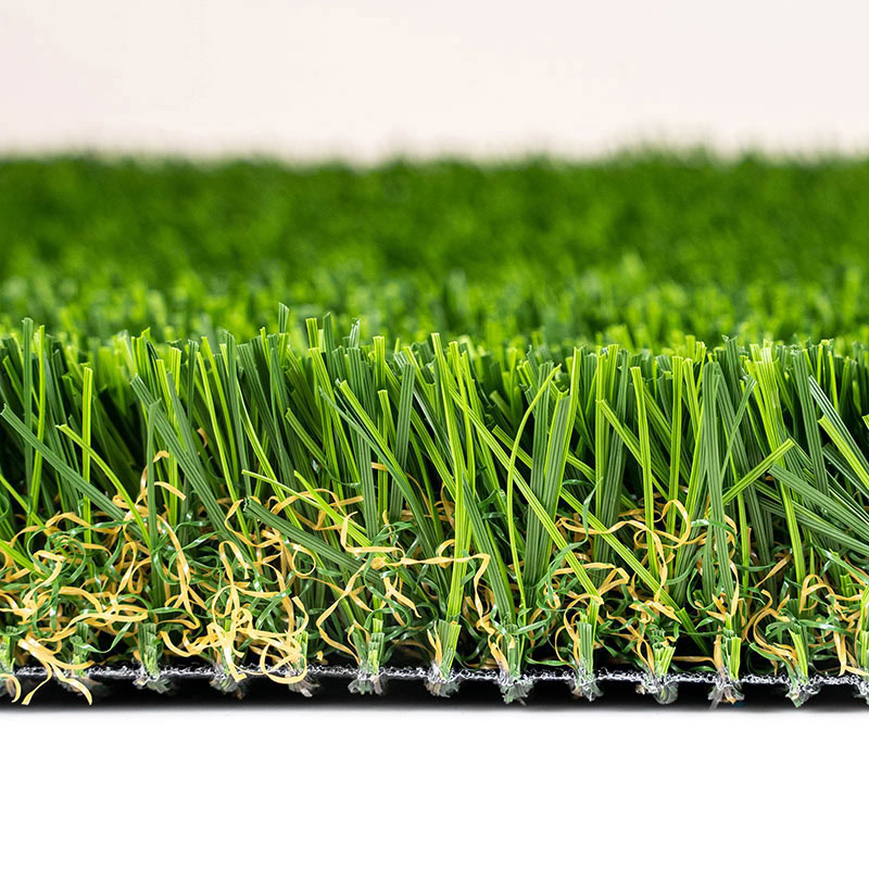 Close-up of lush green artificial turf for luxury lawns and putting greens.