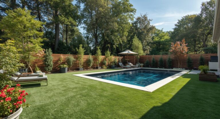 Artificial turf around a swimming pool in a lush backyard setting.