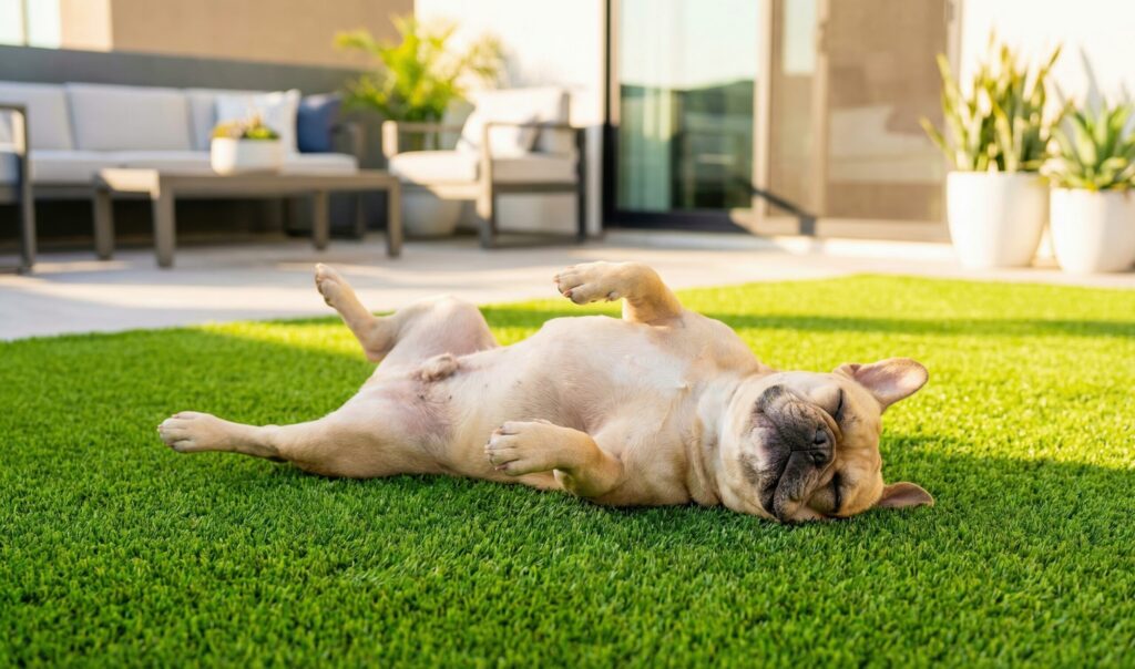 Relaxing dog on lush artificial turf in backyard with modern patio.