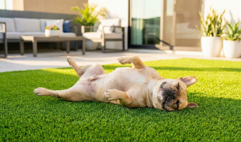Relaxing dog on lush artificial turf in backyard with modern patio.