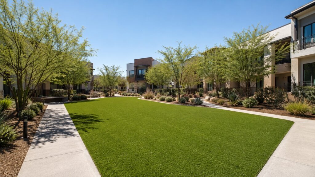 Beautiful green lawn with trees and modern apartments in Arizona.