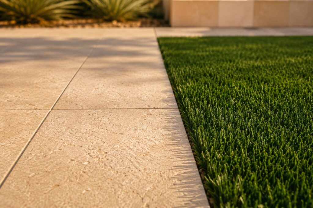 Beautiful green artificial turf next to beige stone patio in Arizona.