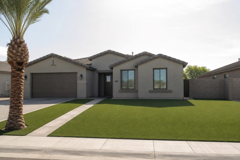 Beautiful residential lawn with artificial grass and modern house in Arizona.