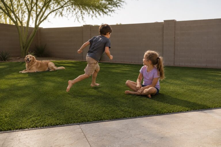 Children playing on lush artificial grass with dog in backyard.