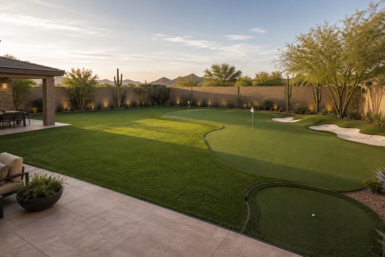 Beautiful backyard with lush green putting green and desert landscape.