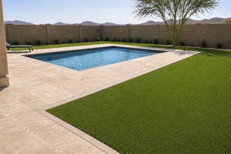 Beautiful backyard with swimming pool and artificial turf in Arizona.