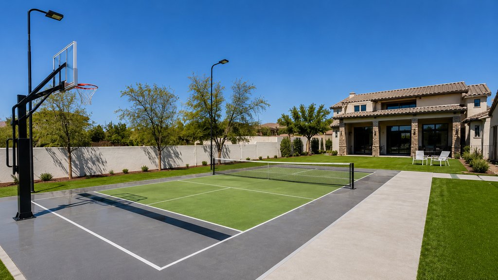 Beautiful backyard with a custom putting green and tennis court in Arizona.