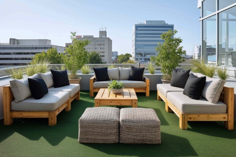 Modern rooftop patio with artificial turf, outdoor seating, and city skyline view.