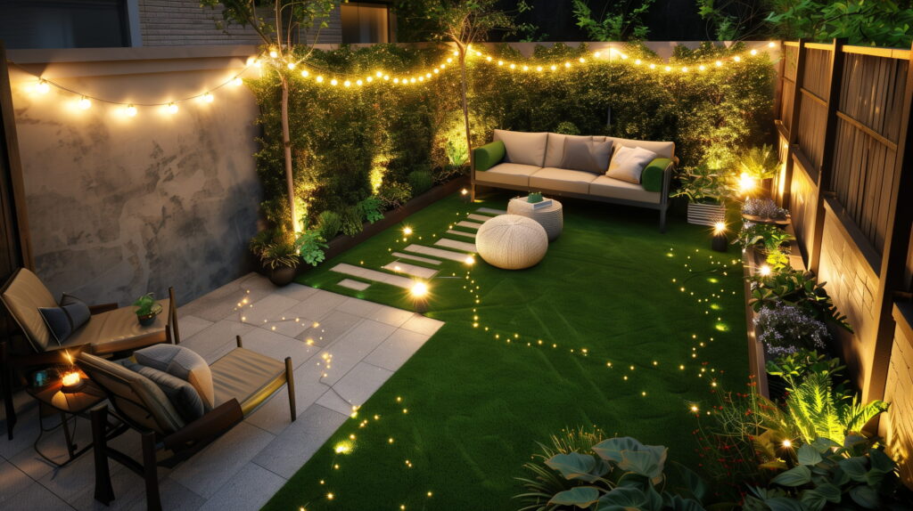 Nighttime backyard with artificial turf, string lights, and outdoor furniture.