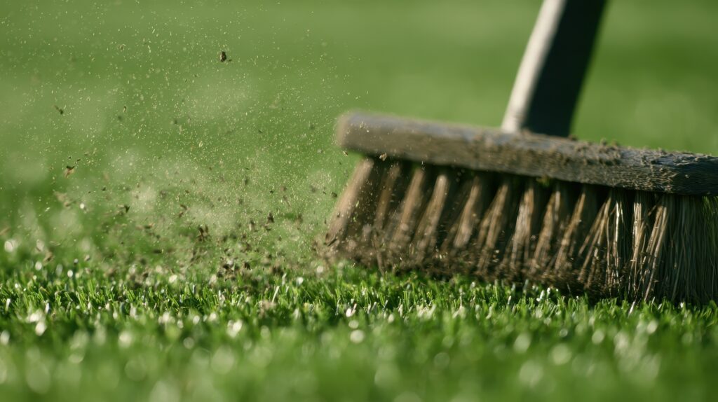 Broom cleaning artificial grass to prevent damage and extend lifespan.